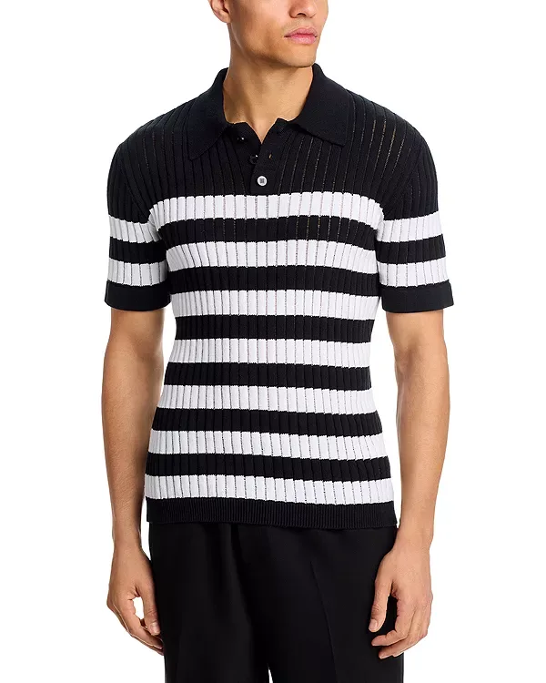 Поло-Свитер Mariniere с коротким рукавом и текстурированной поверхностью Balmain, Black/White