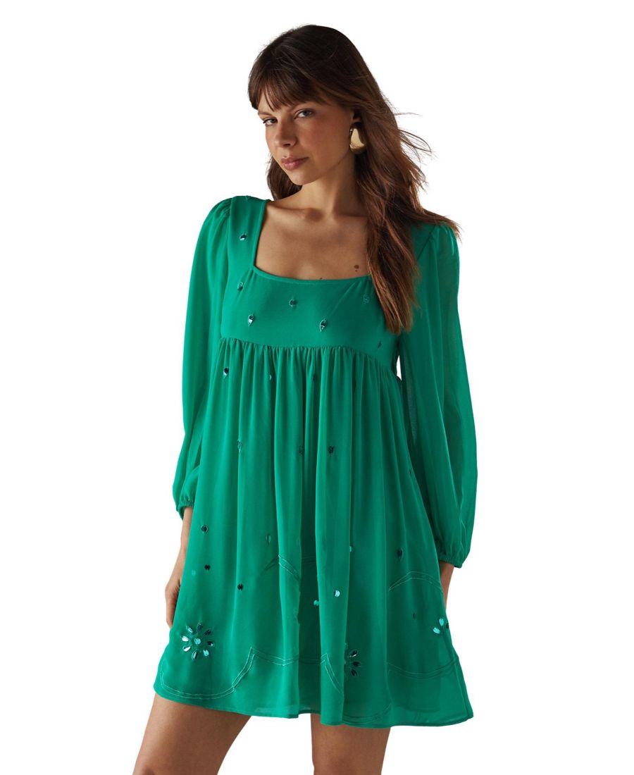 

Женское мини-платье с квадратным вырезом, украшенное ручной вышивкой Warehouse, Green