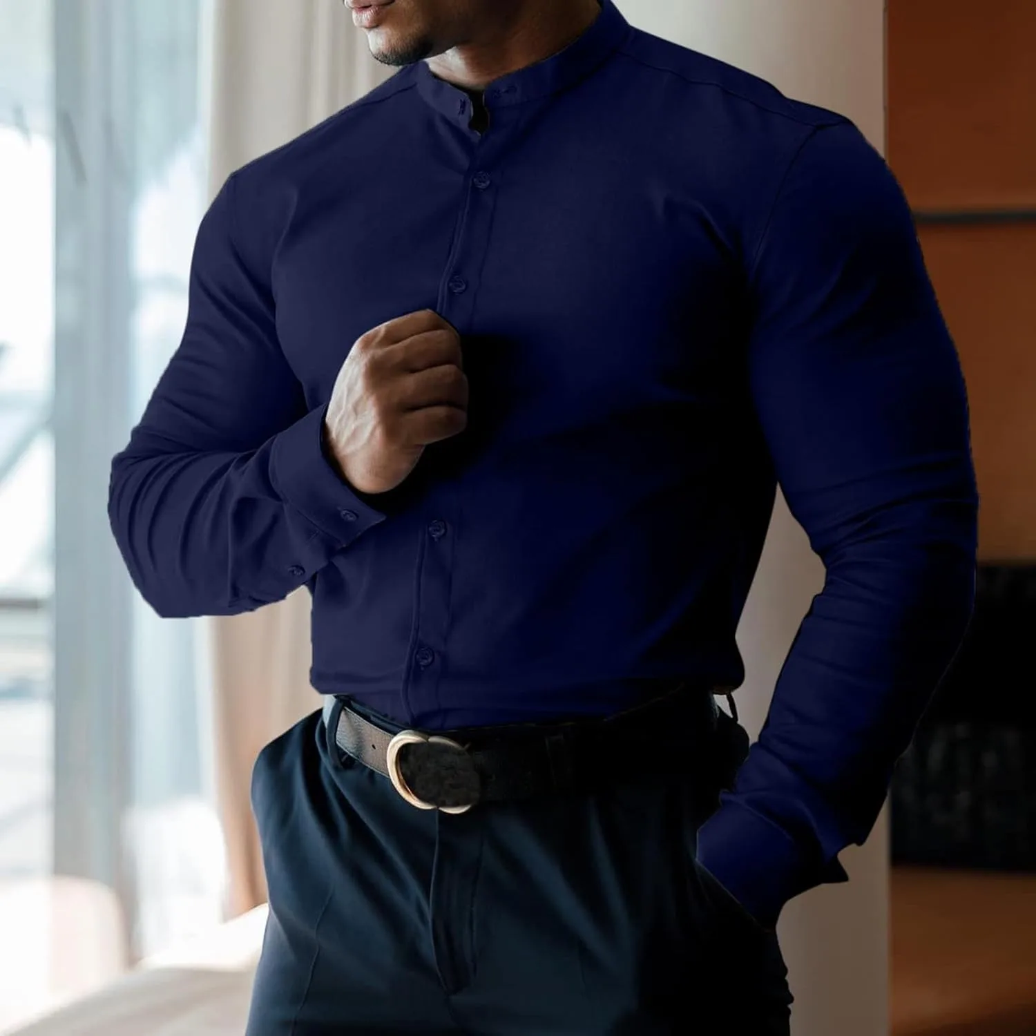 Мужская рубашка Slim Fit для офиса и повседневной носки с удобным отложным воротником на пуговицах Generic, темно-синий — фото 4