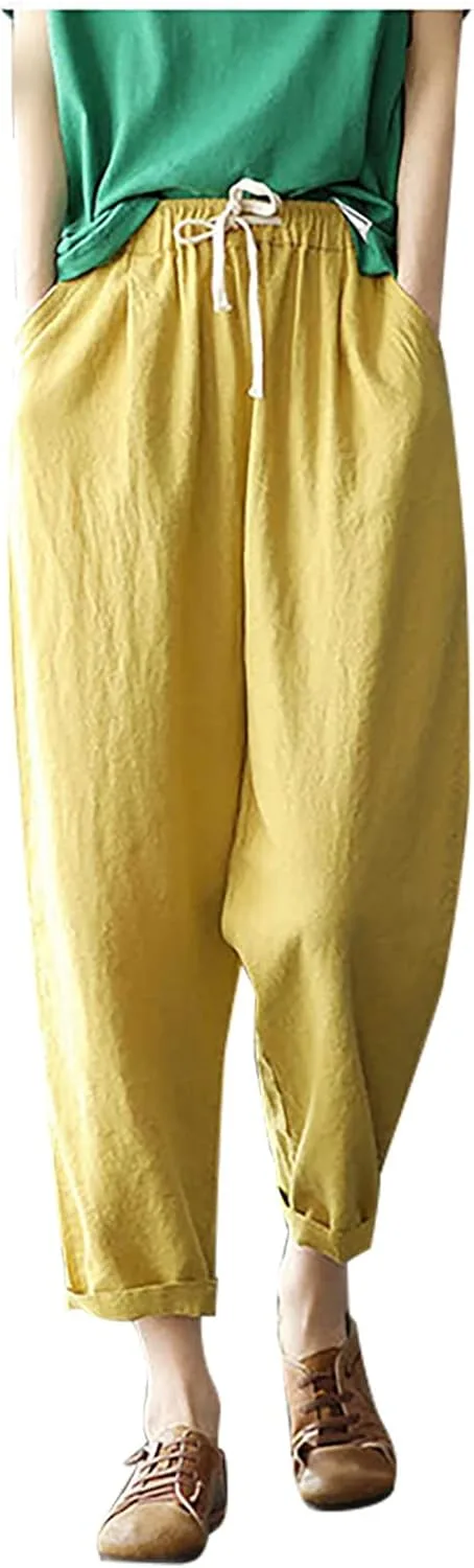 

Uillui женские хлопковые льняные брюки с эластичным поясом