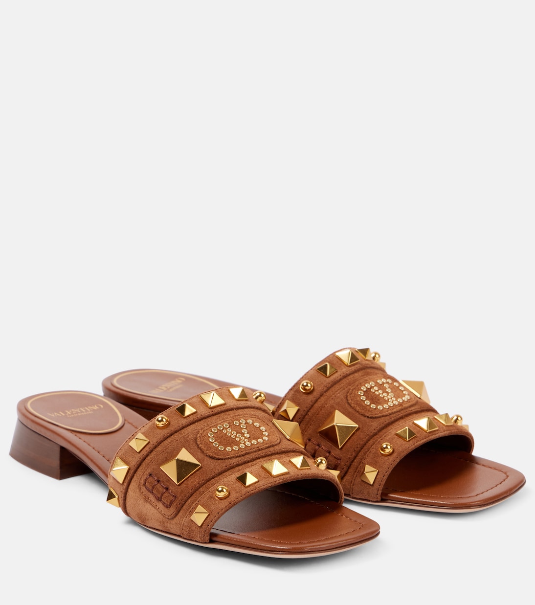 Замшевые тапочки Plaster Caster с заклепками Valentino Garavani, Copper Brown