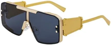 

Солнцезащитные очки большого размера 2026 года для женщин и мужчин, винтажные, популярные, в стиле метал-панк, с плоской верхней частью MTZJH, Gold Leg Black