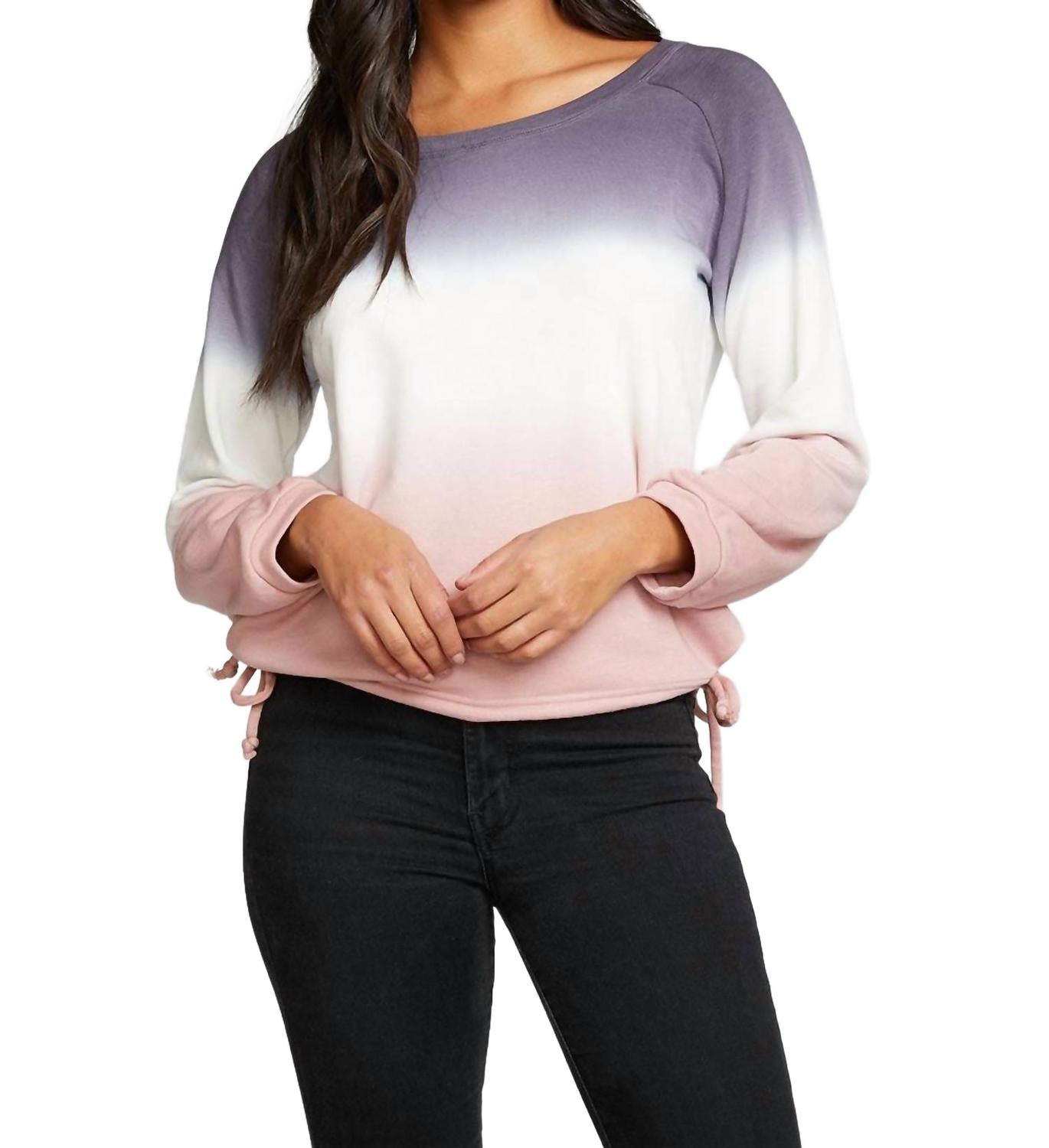 

Свободный пуловер с рукавом реглан, боковыми завязками и эффектом омбре в закатных тонах из французского махрового трикотажа Slub Chaser, Sunset Ombre