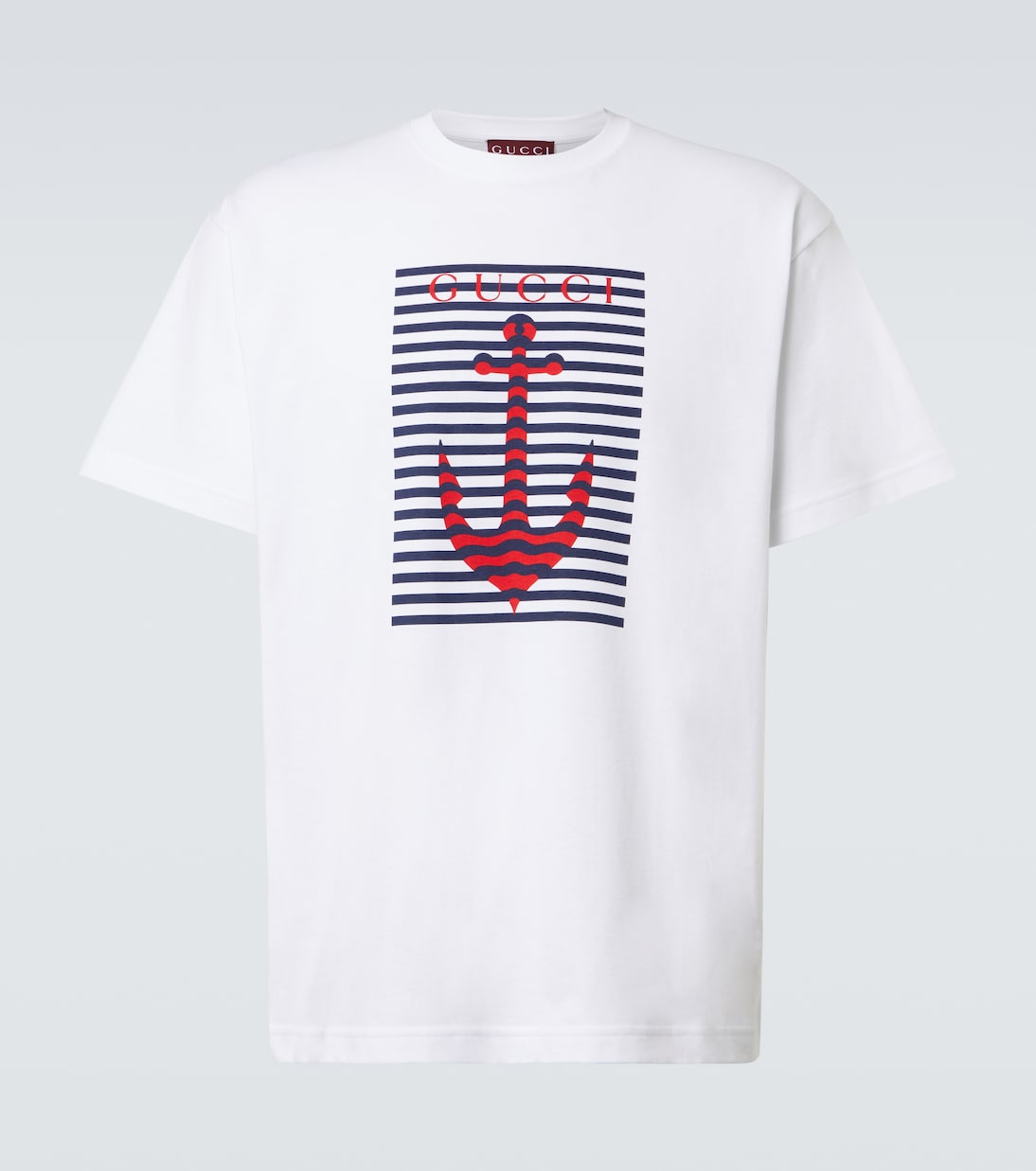 

Футболка из хлопкового джерси с принтом логотипа Gucci, White/Blue