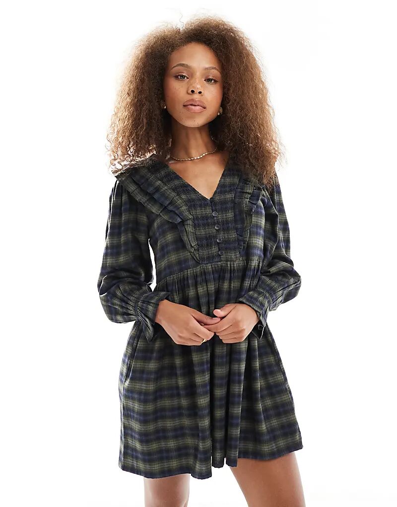 

Платье-рубашка мини в клетку с оборками от Wednesday's Girl зеленого и темно-синего цветов