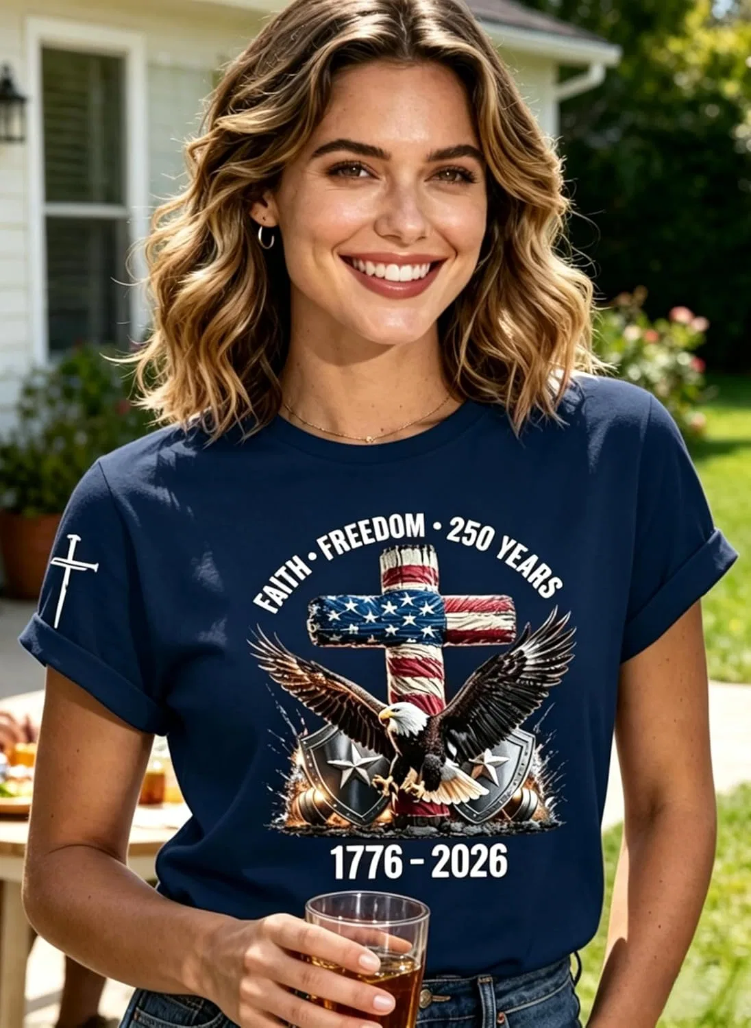 Блуза, USA 250th Anniversary, патриотическая, с орлом и флагом, темно-синий — фото 3