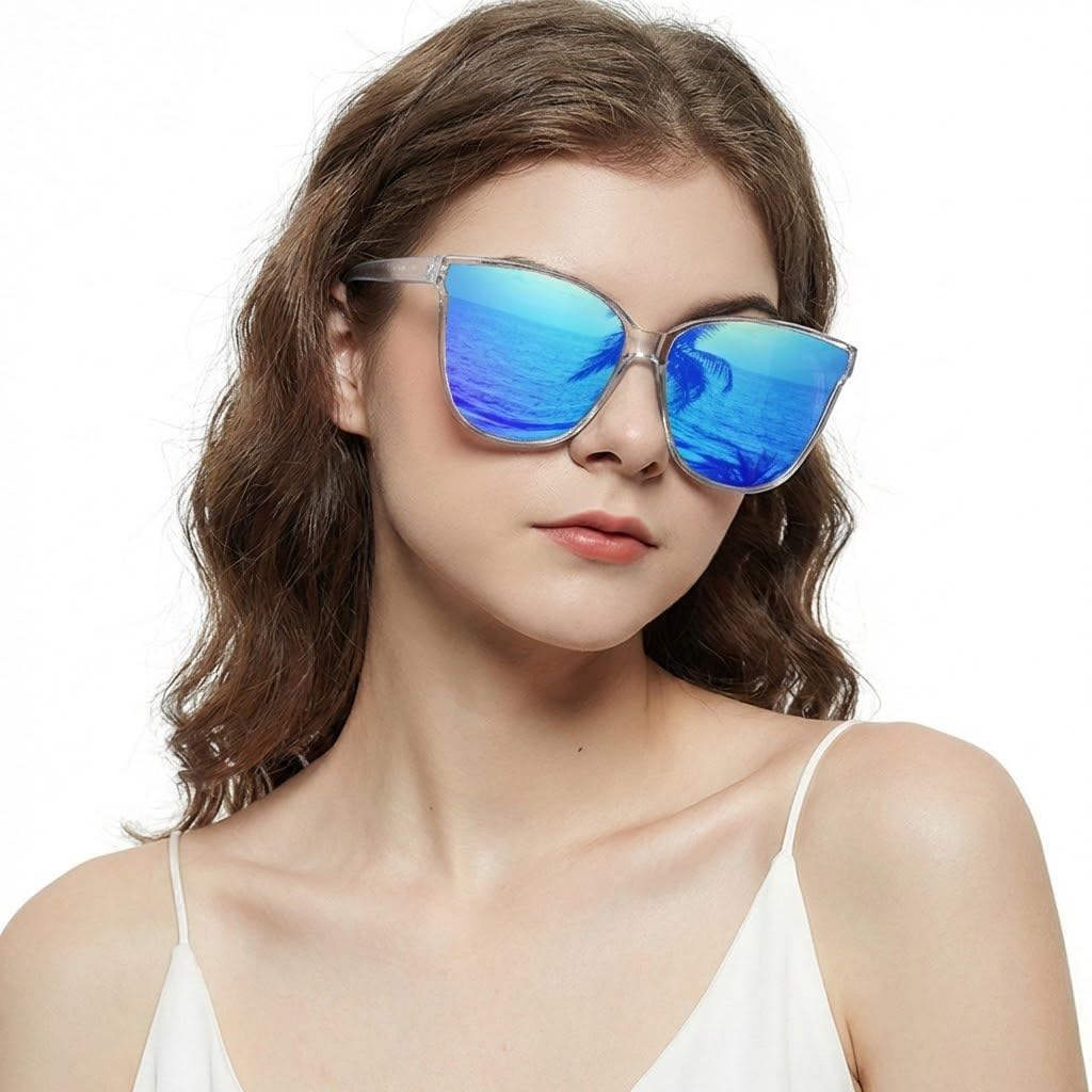 

Женские поляризованные солнцезащитные очки LVIOE с защитой UV400, крупной оправой «кошачий глаз», в стиле ретро, ​​идеально подходят для вождения, рыбалки и активного отдыха, A13 Clear Frame / Blue Mirrored Polarized Lens