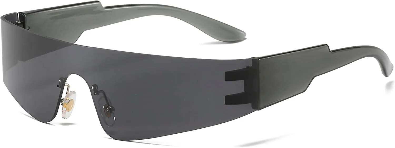 

Модные солнцезащитные очки без оправы, обтекаемой формы, для женщин и мужчин, в стиле киберпанк, Y2K, футуристические зеркальные очки AZ9597 Azoxus, Black Dark Lens