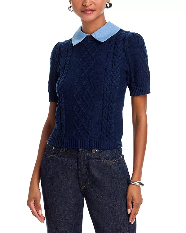 

Вязаный топ с коротким рукавом и косами - эксклюзивный вариант. Aqua, синий