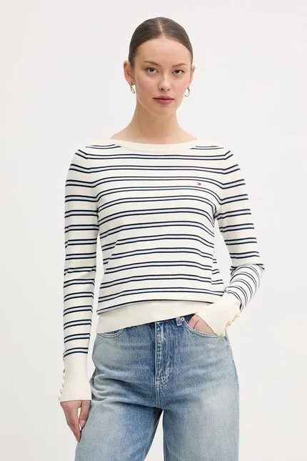 Свитер из хлопка модель с круглым вырезом Tommy Hilfiger, бежевый