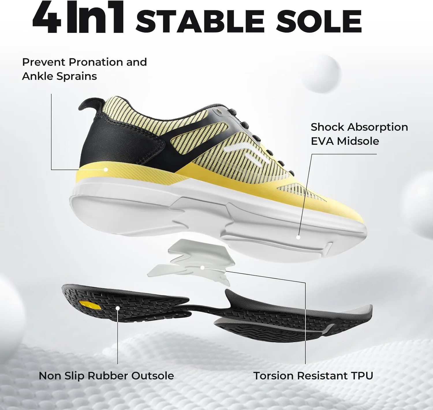 Кроссовки FitVille Extra Wide для мужчин для игры в пиклбол, универсальные теннисные кроссовки с поддержкой свода стопы, желтый/черный — фото 2