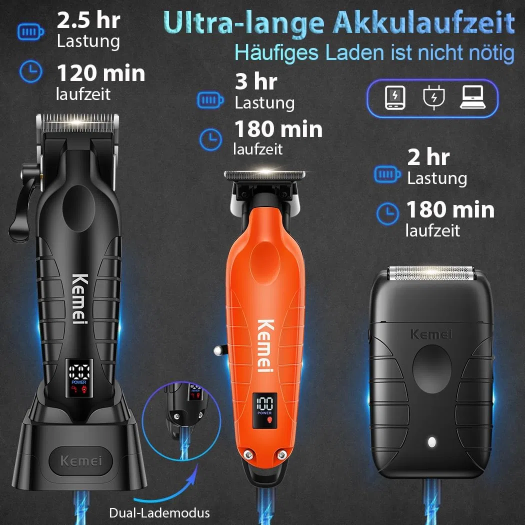 Профессиональный триммер для волос KEMEI 3-в-1 с LED-дисплеем Kemei, 2293Orange+2290D+T9 — фото 3