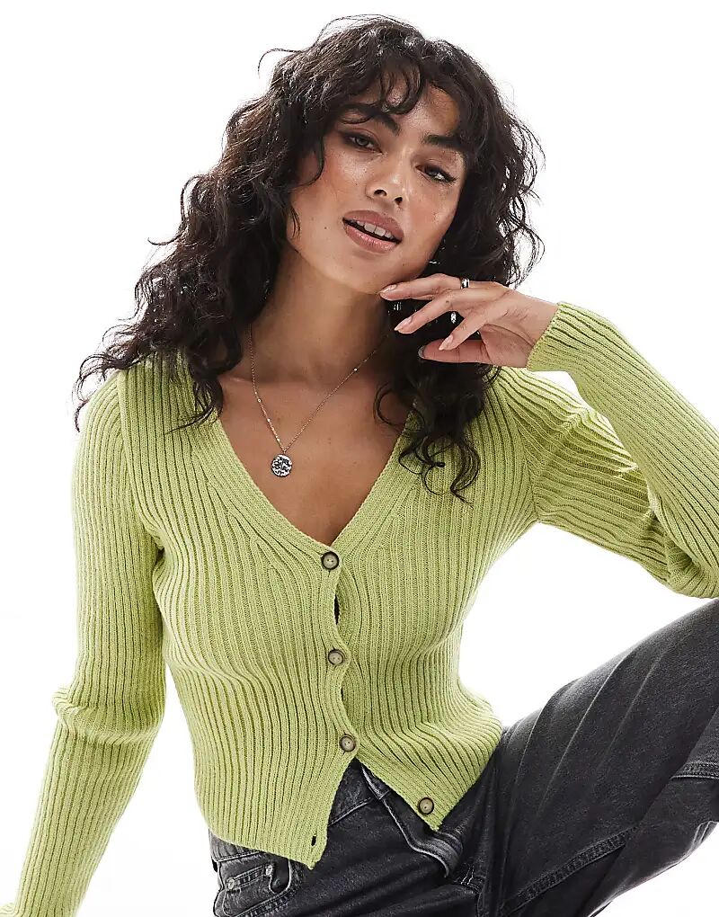 

Кардиган с V-образным вырезом в рубчик в цвете шалфея ASOS DESIGN
