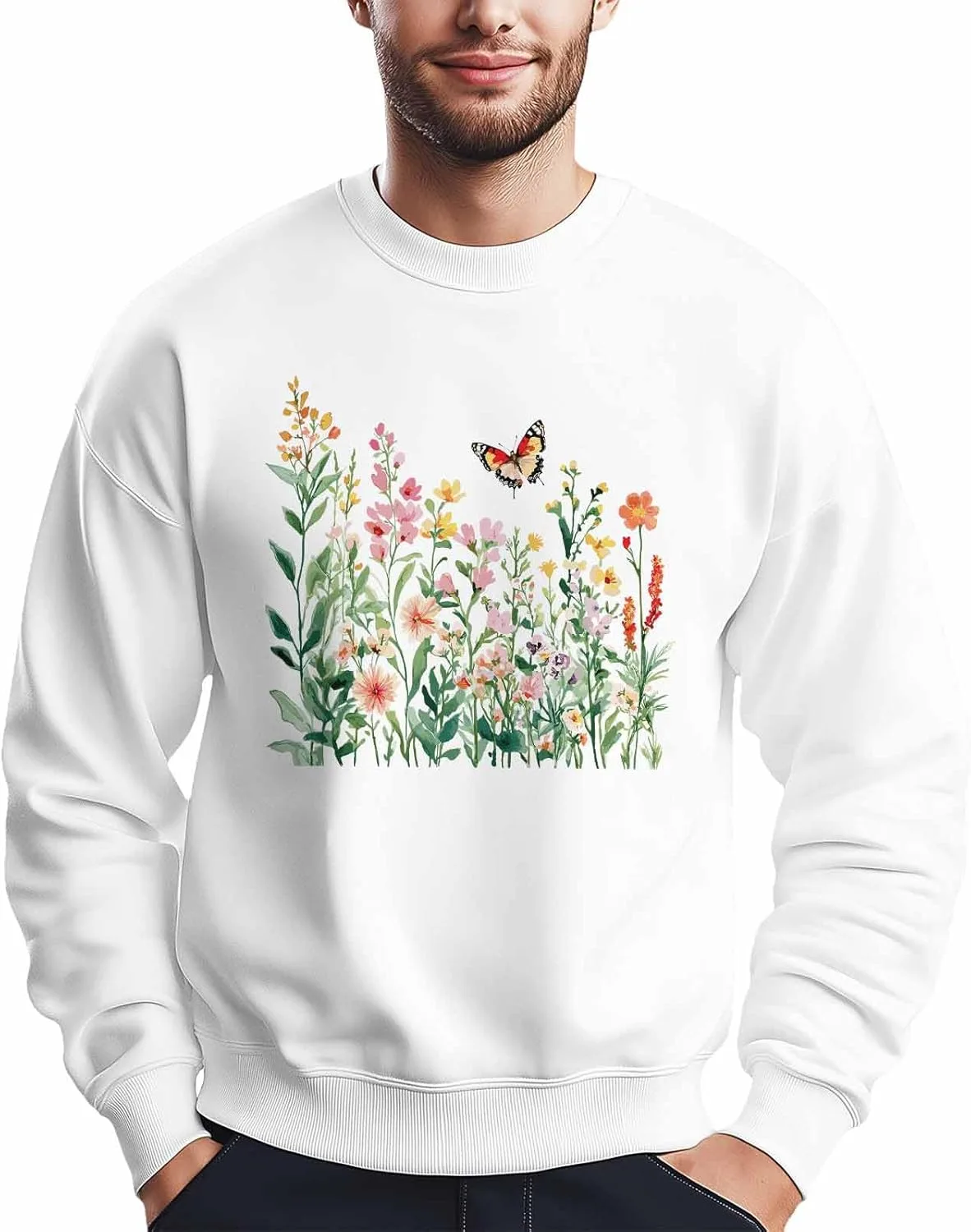 

Мужской свитшот с принтом весенних цветов и бабочек Winvebermior