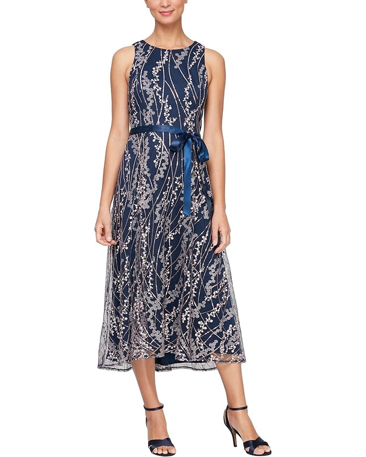 

Платье Alex Evenings Midi Length Embroidered with Satin Tie Belt, темно-синий