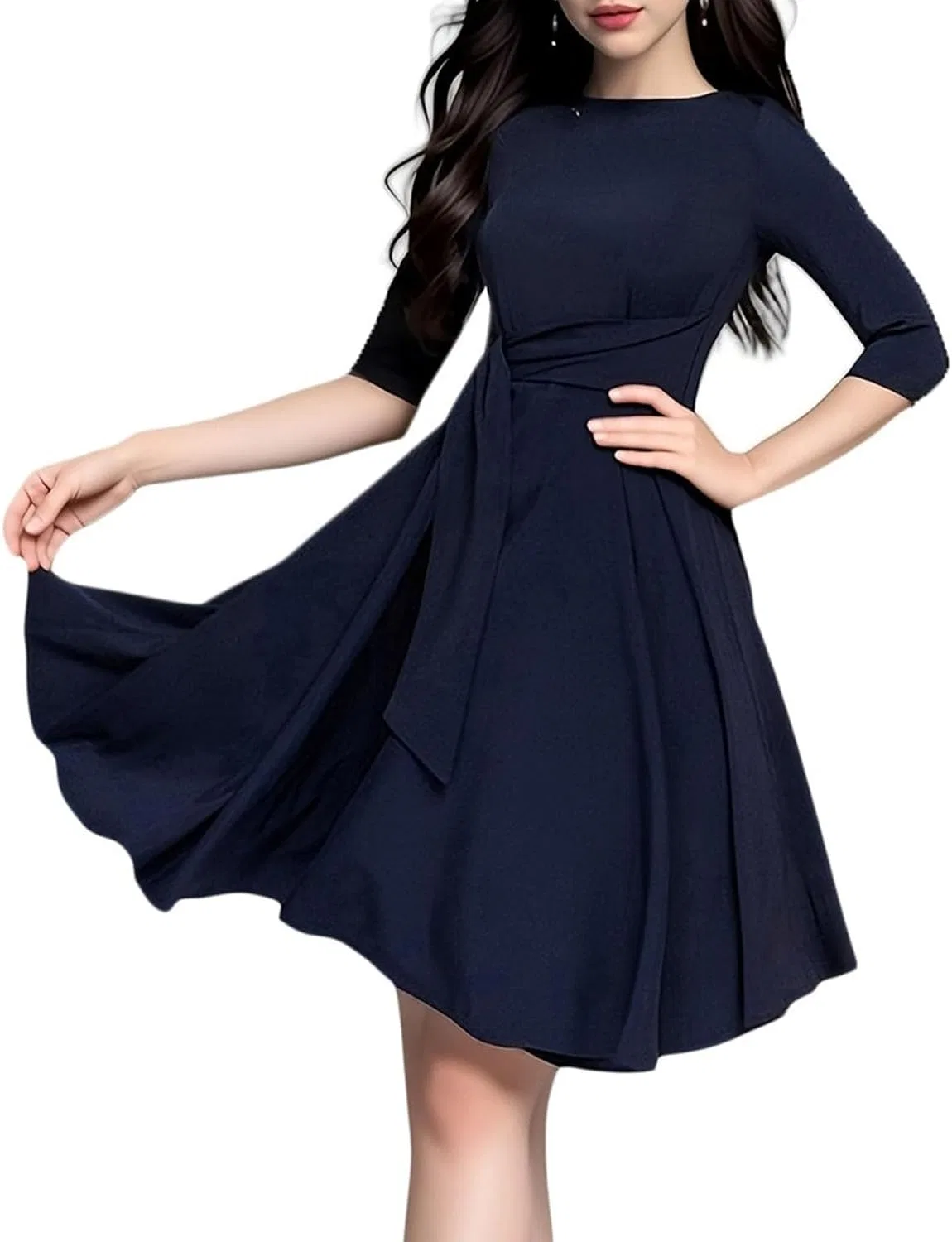 Коктейльное платье для женщин Cocktail Dresses для гостей свадьбы с рукавом 3/4, круглым вырезом, силуэт A-Line, тянущееся Generic, синий — фото 2