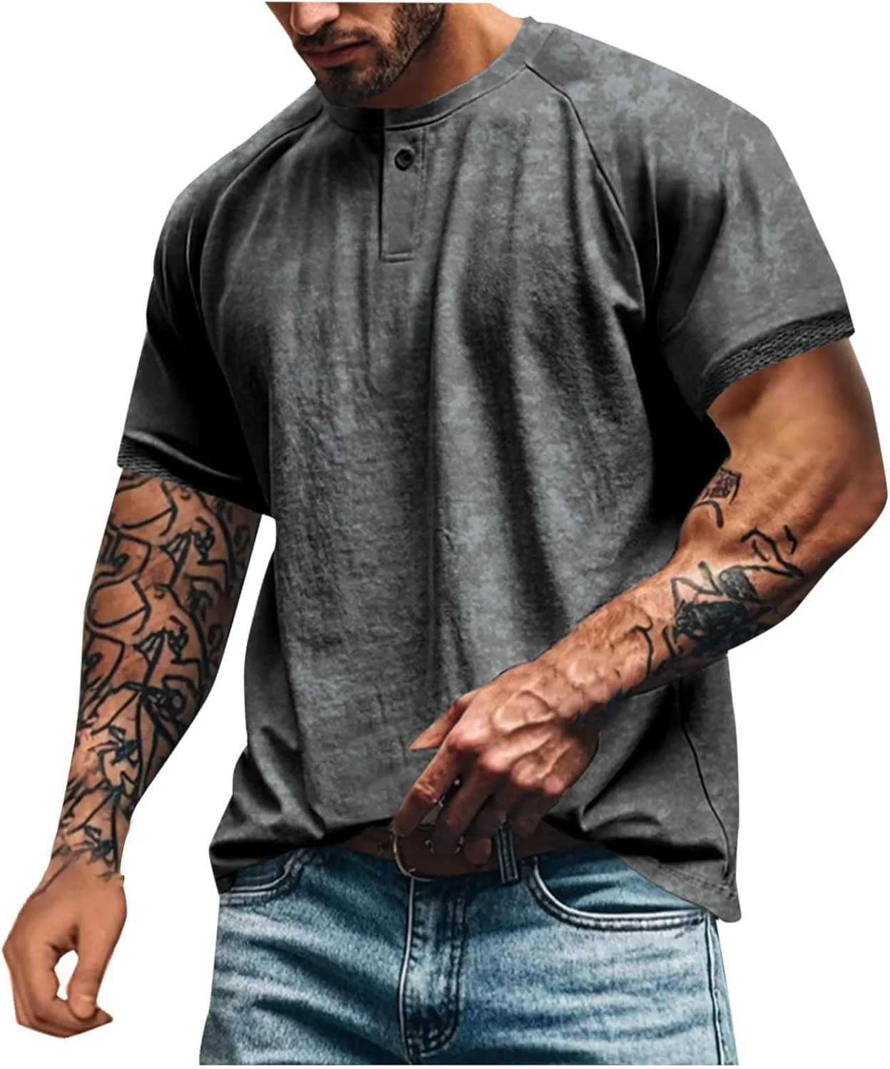 

Футболка мужская с коротким рукавом Henley, вязаный воротник, принт тай-дай