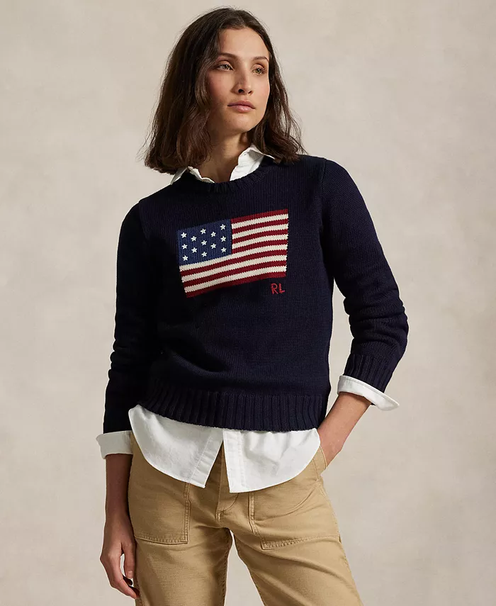 

Женский хлопковый свитер с круглым вырезом Flag Polo Ralph Lauren, синий