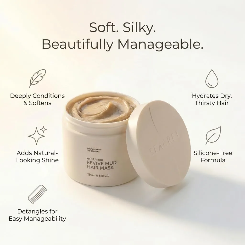 SEACRET Minerals Mud Hair Mask - глубоко кондиционирующая маска для сухих густых кудрявых волос, без силиконов, с грязью Мертвого моря, аргановым маслом и маслом ши, смягчает, увлажняет, облегчает расчесывание, 250 мл — фото 4