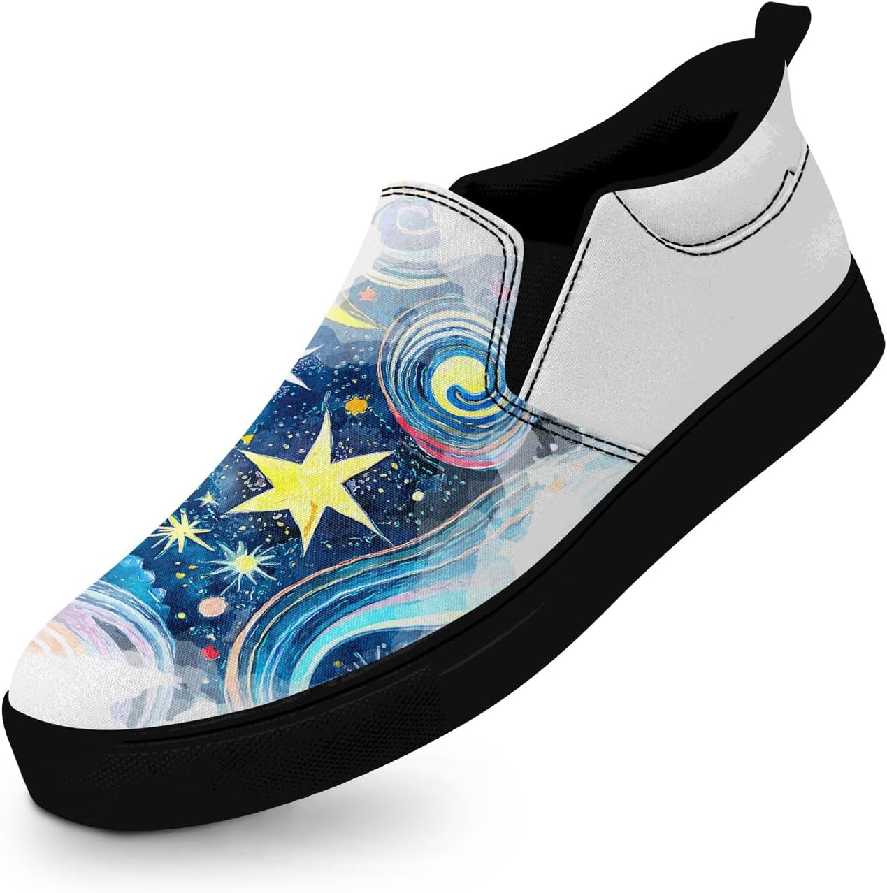 

Унисекс слипоны из холщовой ткани AWSOLE - принт с небесными звездами и луной - легкие повседневные балетки для прогулок, путешествий и ежедневной носки, белый/черный/синий