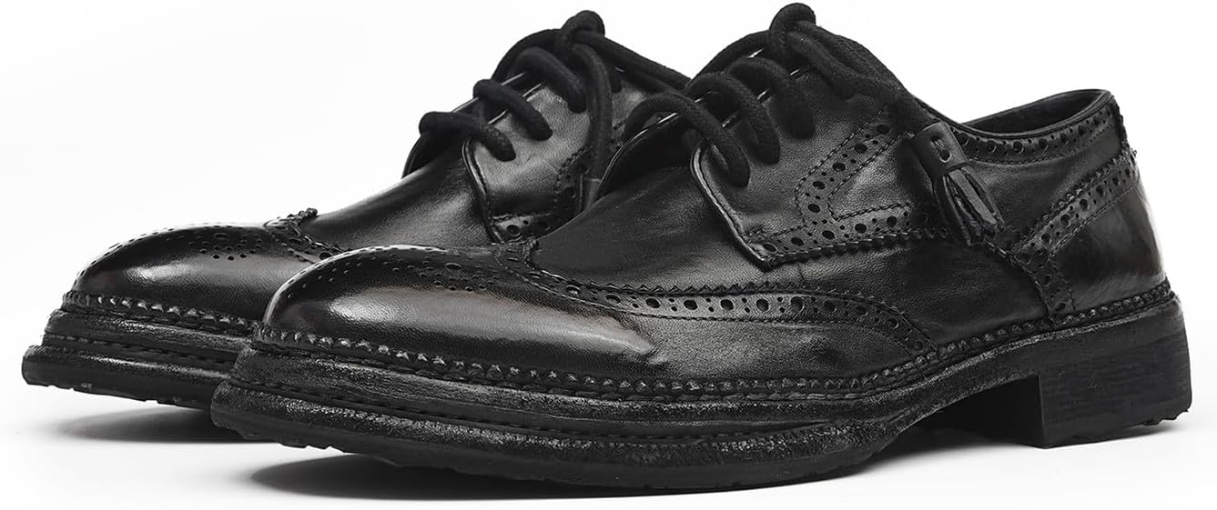 

Мужские броги-окфорды Santimon Wingtip из конской кожи - формальные туфли ручной работы с конструкцией Goodyear-Welt, дышащая кожаная подкладка для делового стиля и свадеб, черный