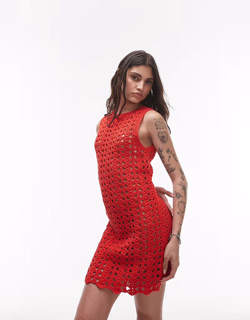 

Мини-платье ручной вязки крючком Topshop красного цвета