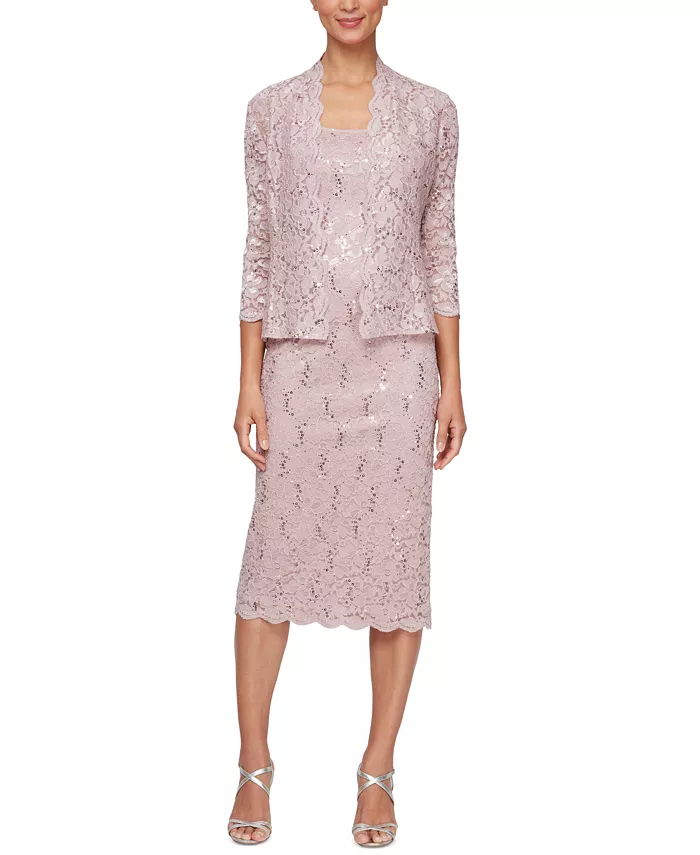 

2-предметный комплект: кружевная куртка и платье миди SL Fashions, розовый