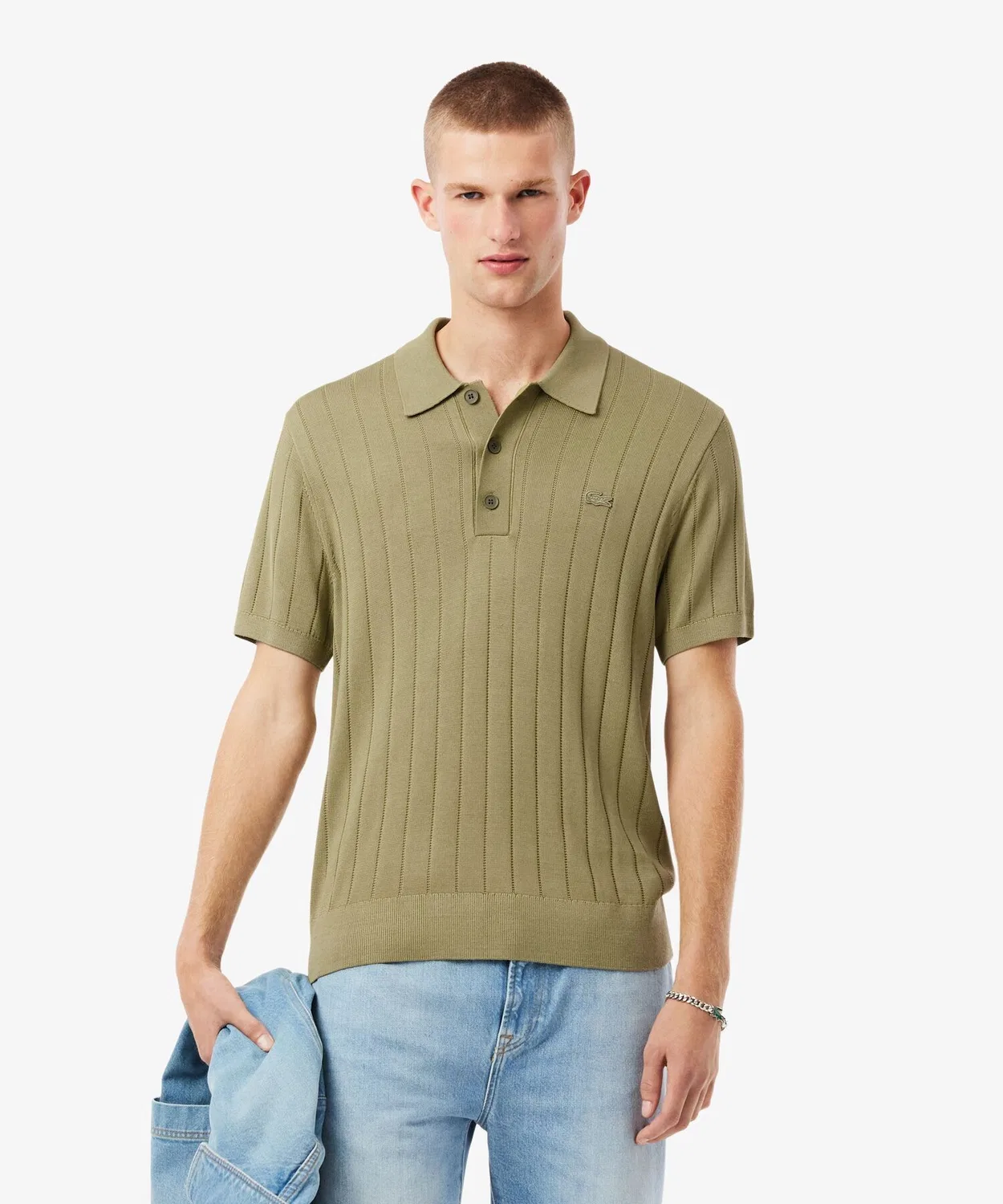 Поло Lacoste Оливковый, Высокоплотный рибаный трикотаж, Унисекс