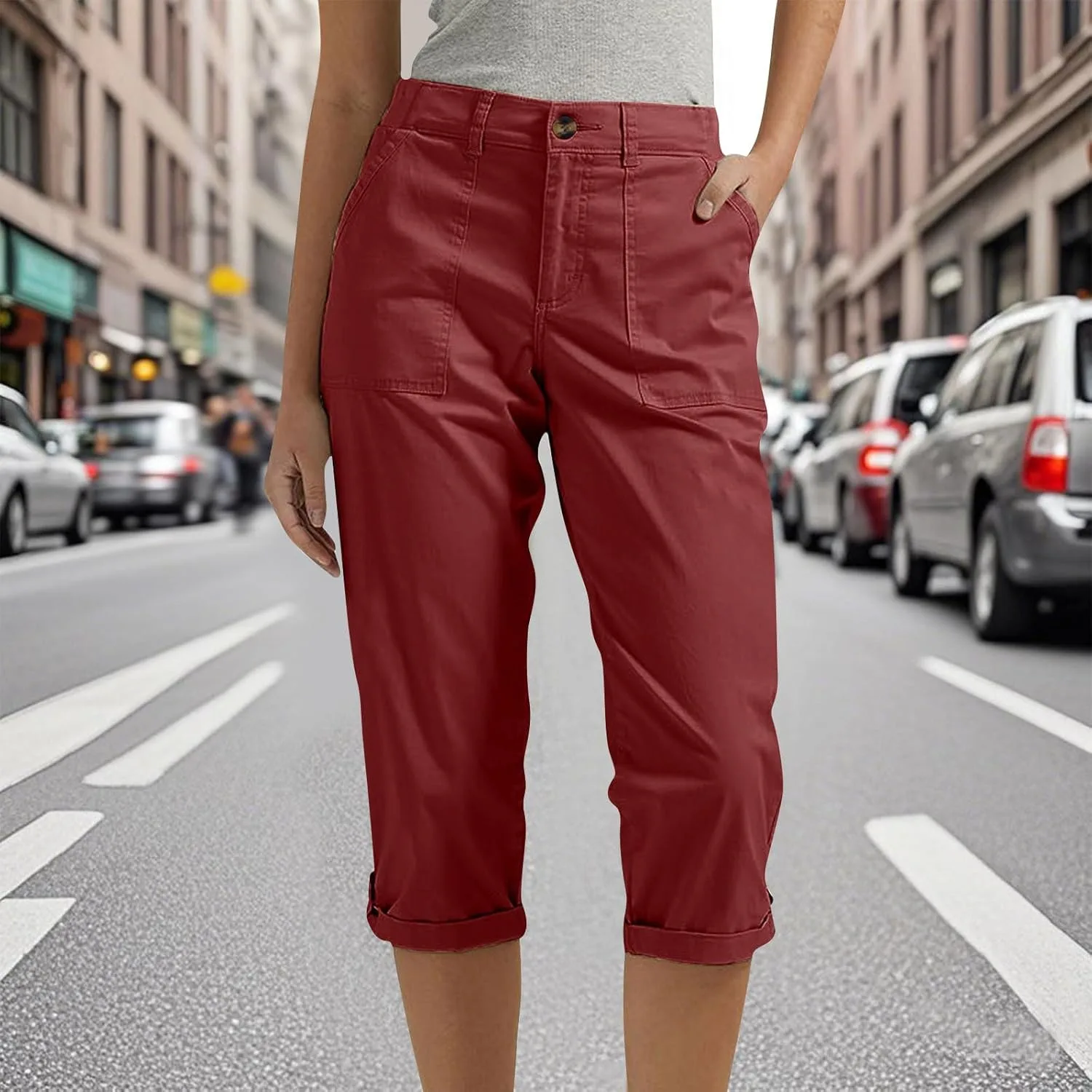 Женские карго-капри Casual брюки-джоггеры Stretchy Dressy летние укороченные рабочие походные штаны с карманом Pull On Generic, Wine — фото 2