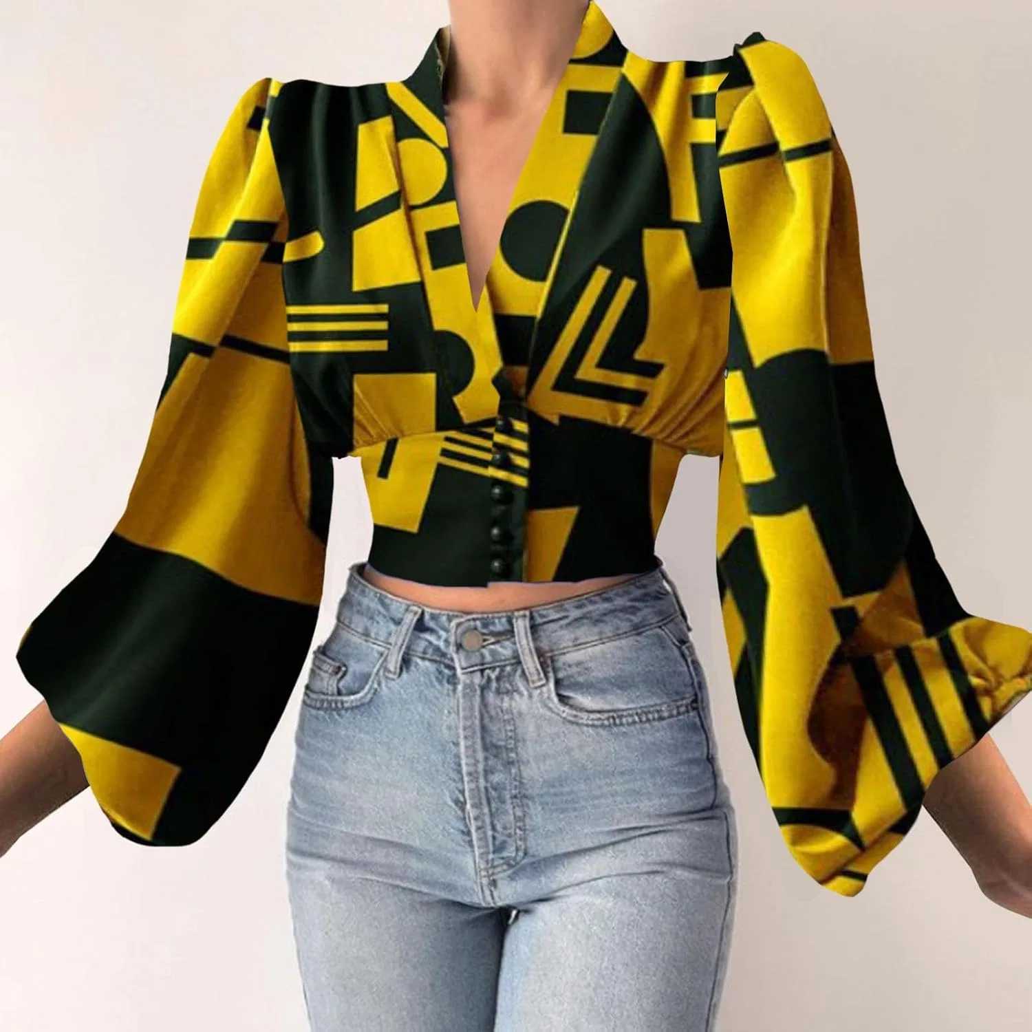 Блуза с V-образным вырезом, длинным рукавом, Summer Casual Blouse, желтый — фото 4