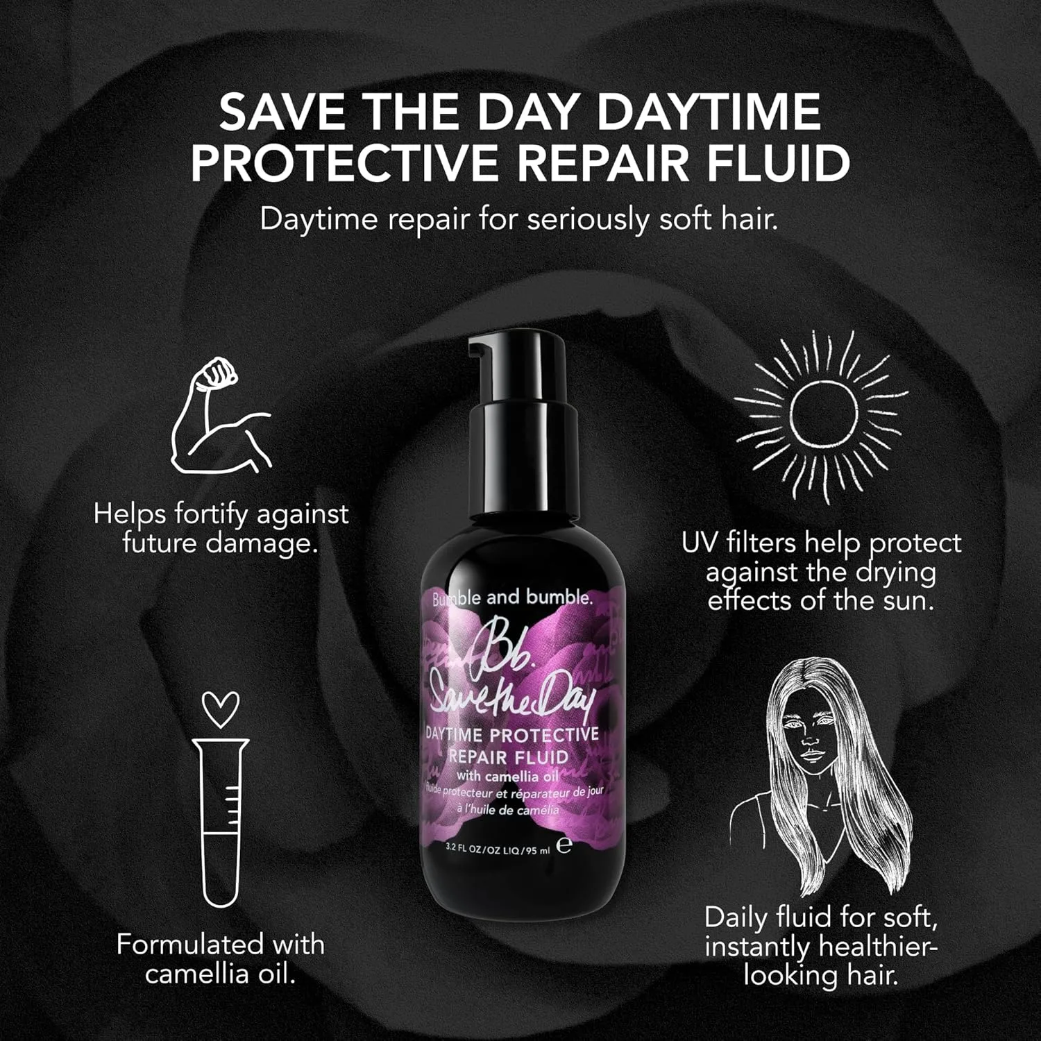 Bumble and bumble. Save the Day Protective Hair Repair Fluid Daily Serum | Смягчает и укрепляет | УФ-фильтр | Для всех типов поврежденных кудрявых, волнистых и прямых волос, 3,2 жидких унции, black — фото 4