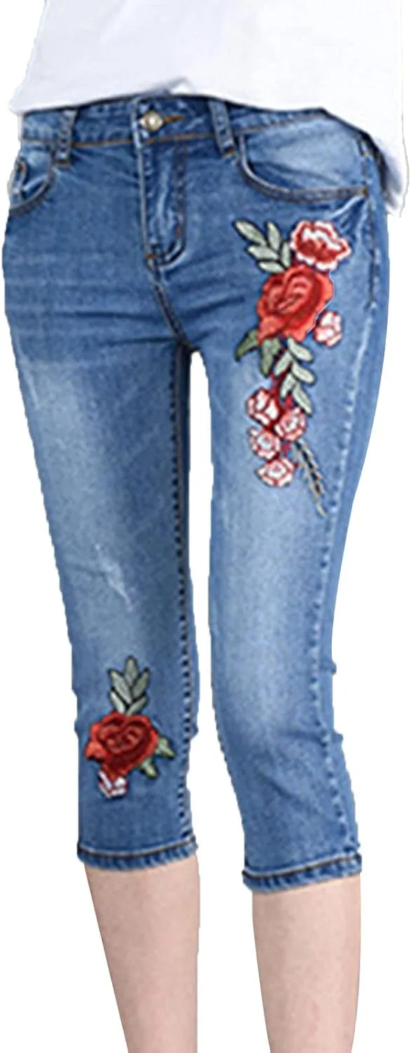 

DGHM-JLMY женские джинсы капри с цветочным принтом, Mid Rise, Slim