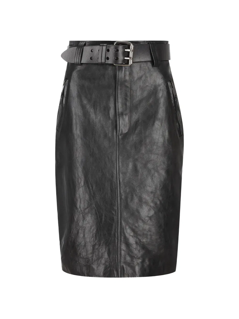 Кожаная юбка миди с поясом Saint Laurent, черный