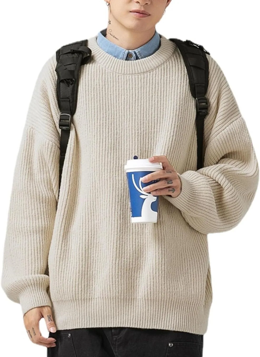 

Мужской свитер Vintage Loose Basic Crewneck Ribbed Knitted Pullover Cynefoa