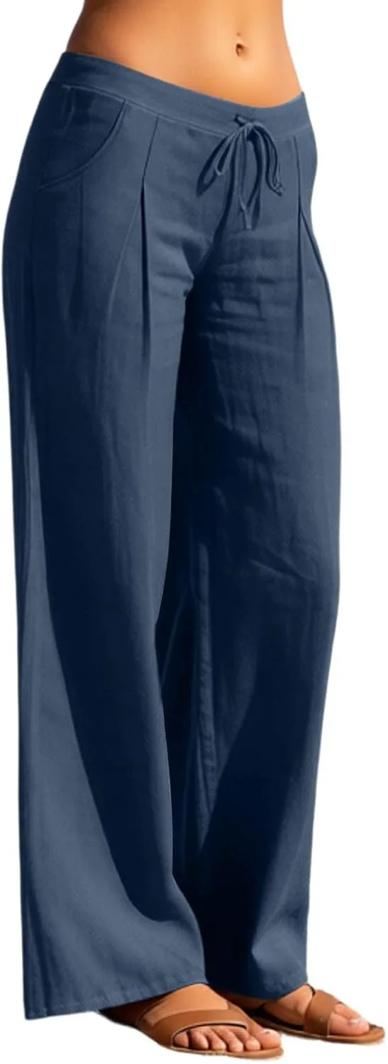 Льняные брюки Women 2026 Wide Leg с кулиской и эластичной резинкой на поясе, Casual, свободные, с карманами Generic, темно-синий