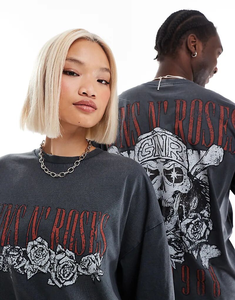 

Футболка унисекс большого размера с лицензионным принтом Guns N Roses Tour в выстиранном черном цвете ASOS DESIGN
