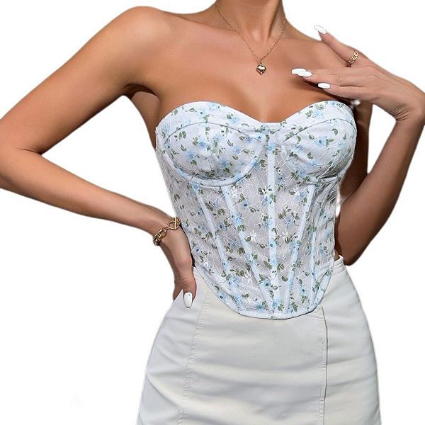 

Женский топ-бюстье без бретелей с цветочным принтом и шнуровкой Yesfashion, Blue Floral