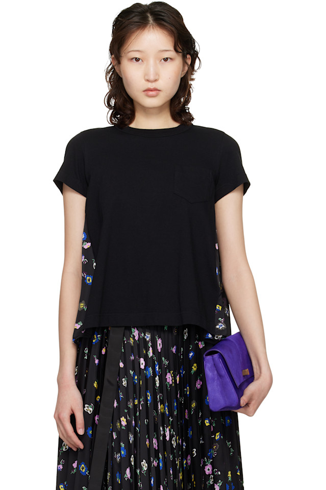 

Sacai Черная футболка с цветочным принтом