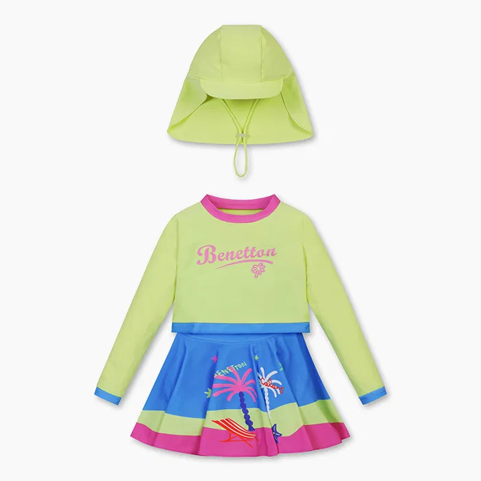 Детский зелёный комплект для плавания с принтом пальм от Benetton Kids