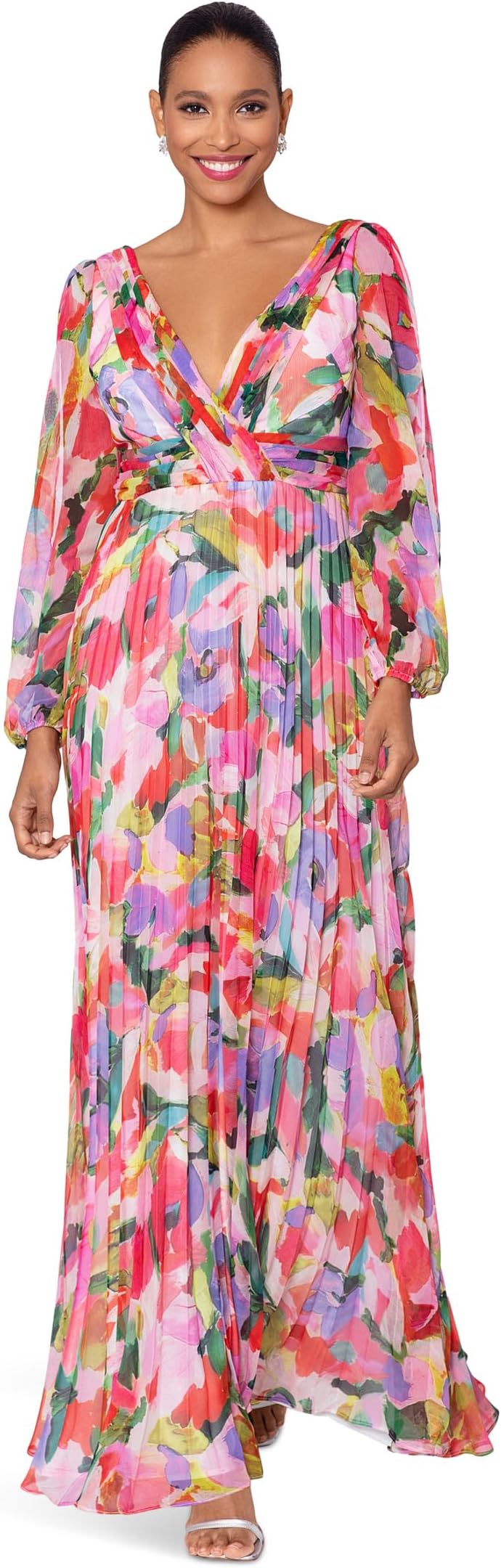 

Платье Betsy & Adam Long Halter Metallic Print Pleat Long Sleeve, цвет Multicolor
