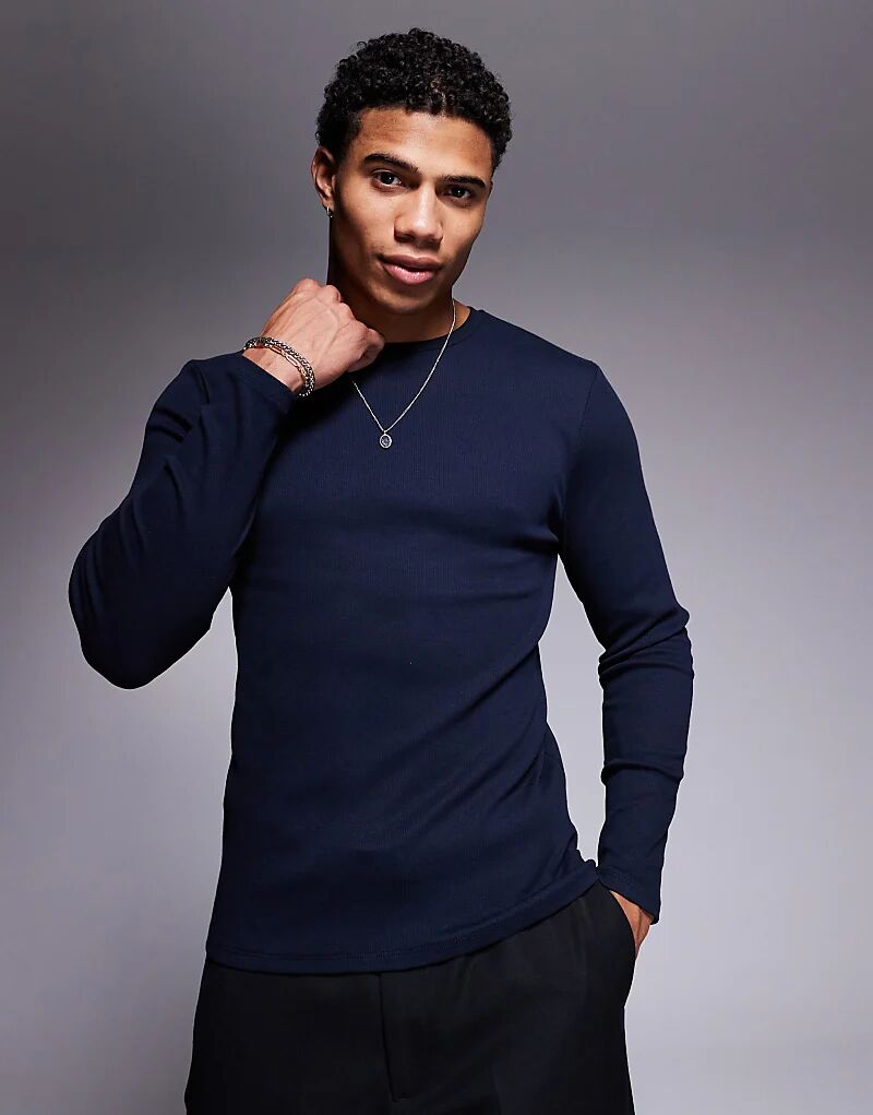 

Футболка ASOS DESIGN muscle fit с длинными рукавами в рубчик темно-синего цвета