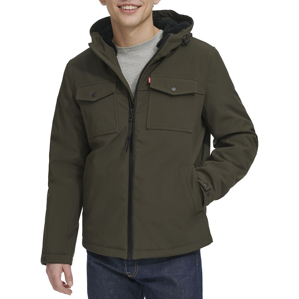 Мужское штормовое пальто с капюшоном и подкладкой из шерпы Levi's Soft Shell, цвет Olive