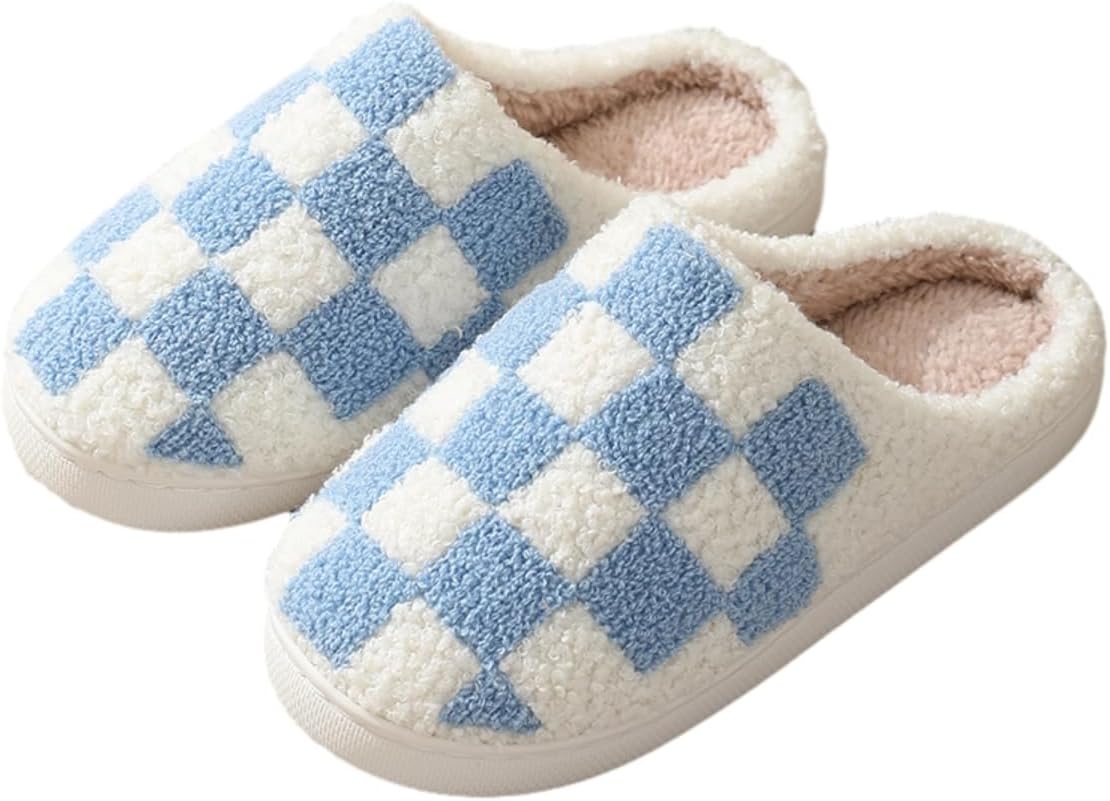 

Женские и мужские ретро-теплые пушистые домашние тапочки с лицевой отделкой, мягкие и уютные, с клетчатым узором, милые, стираемые, с удобной посадкой, для дома зимой Sxlingdo, синий