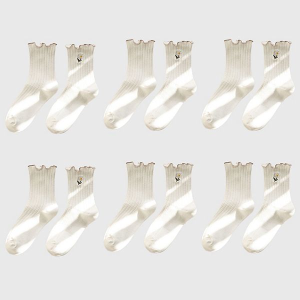 

Женские носки Mustard с рюшами и вышивкой ромашкой, 6 шт Anna-Kaci, White