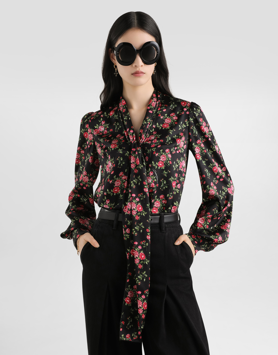 Атласная рубашка с принтом из небольших букетов роз Dolce & Gabbana, мультиколор — фото 4