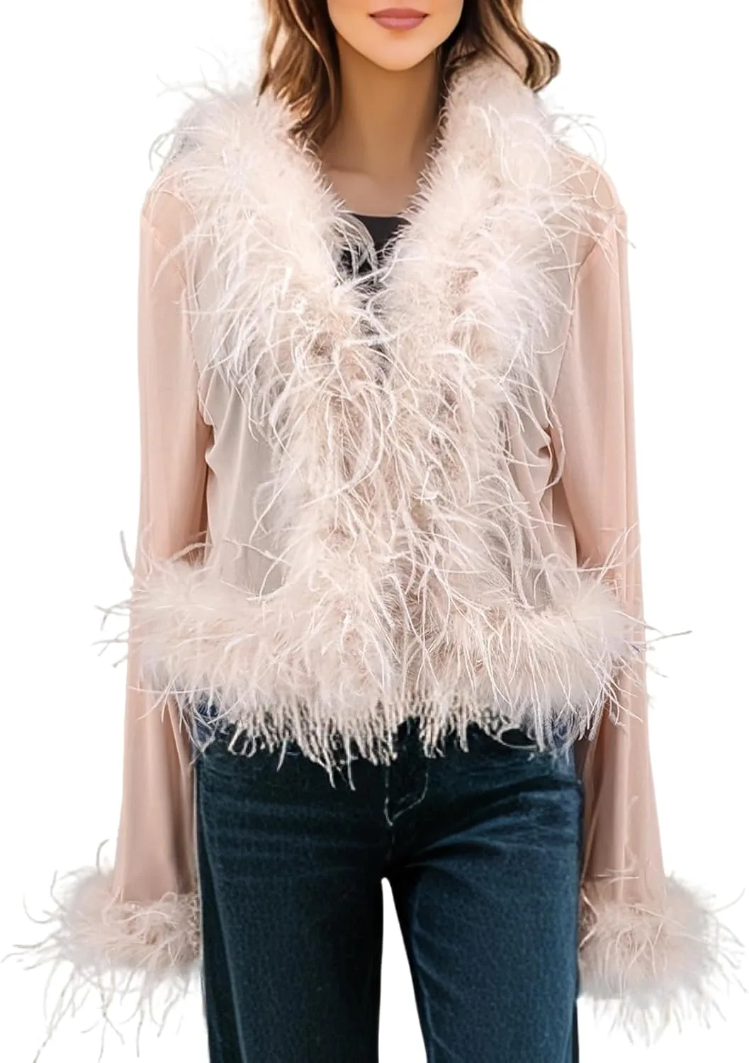 

LVCOMEFF топ-кроп с отделкой из страусиных перьев, сетчатый, черный