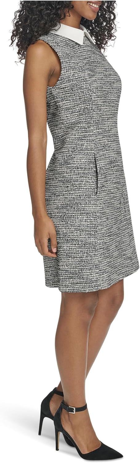 Женское платье Calvin Klein из твида без рукавов с воротником и длиной до колена, Black Cream — фото 2