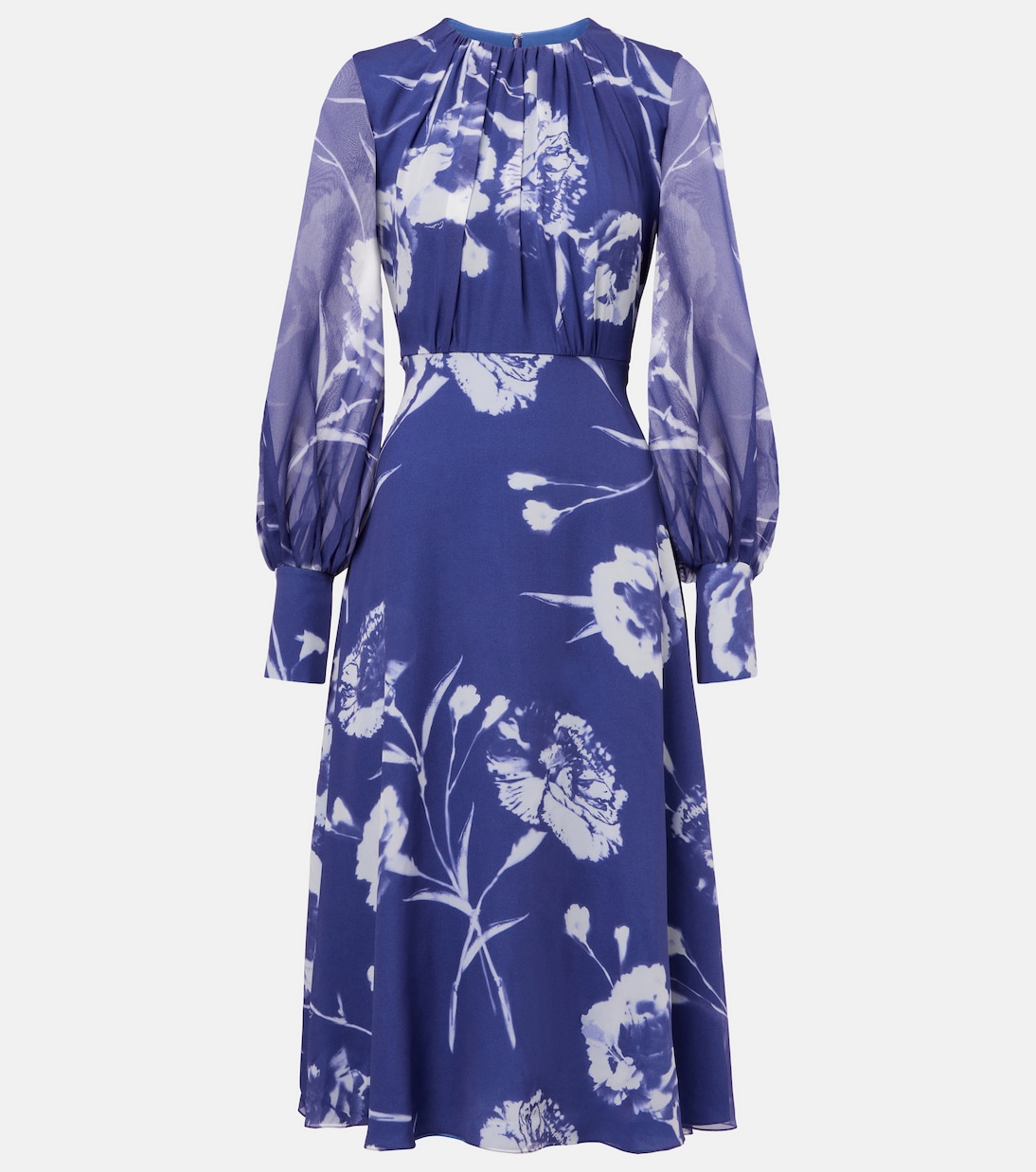 

Платье миди из шелковой вуали с цветочным принтом Erdem, Carnation Cyanotype Heather