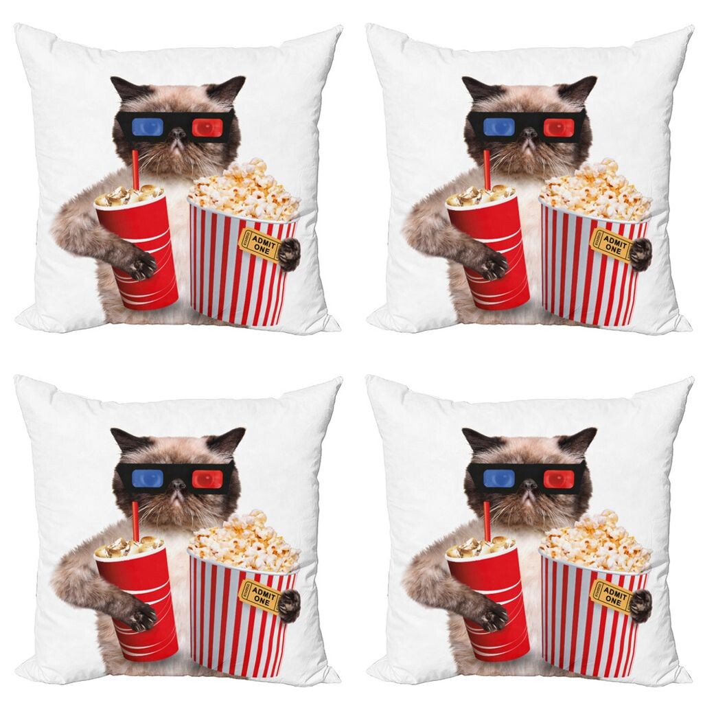 

ABAKUHAUS Cinema Набор чехлов для подушек (4 предмета), кошачий попкорн, современная двусторонняя цифровая печать, 45 см x 45 см, многоцветный