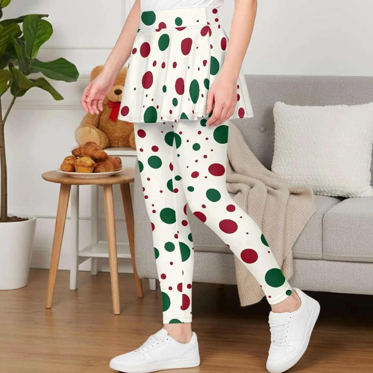 Леггинсы с юбкой 2-в-1 для девочек Hresuewn, Red Green Polka Dot-white — фото 3